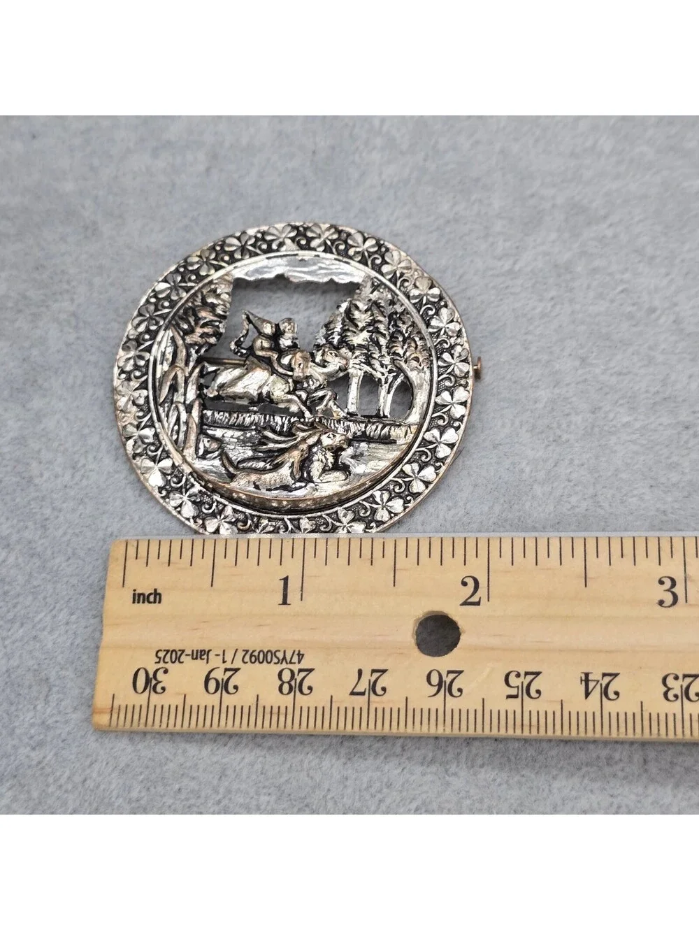 Vintage Art Nouveau Hunting Scene Brooch Openwork Princess Knight Storybook Pin